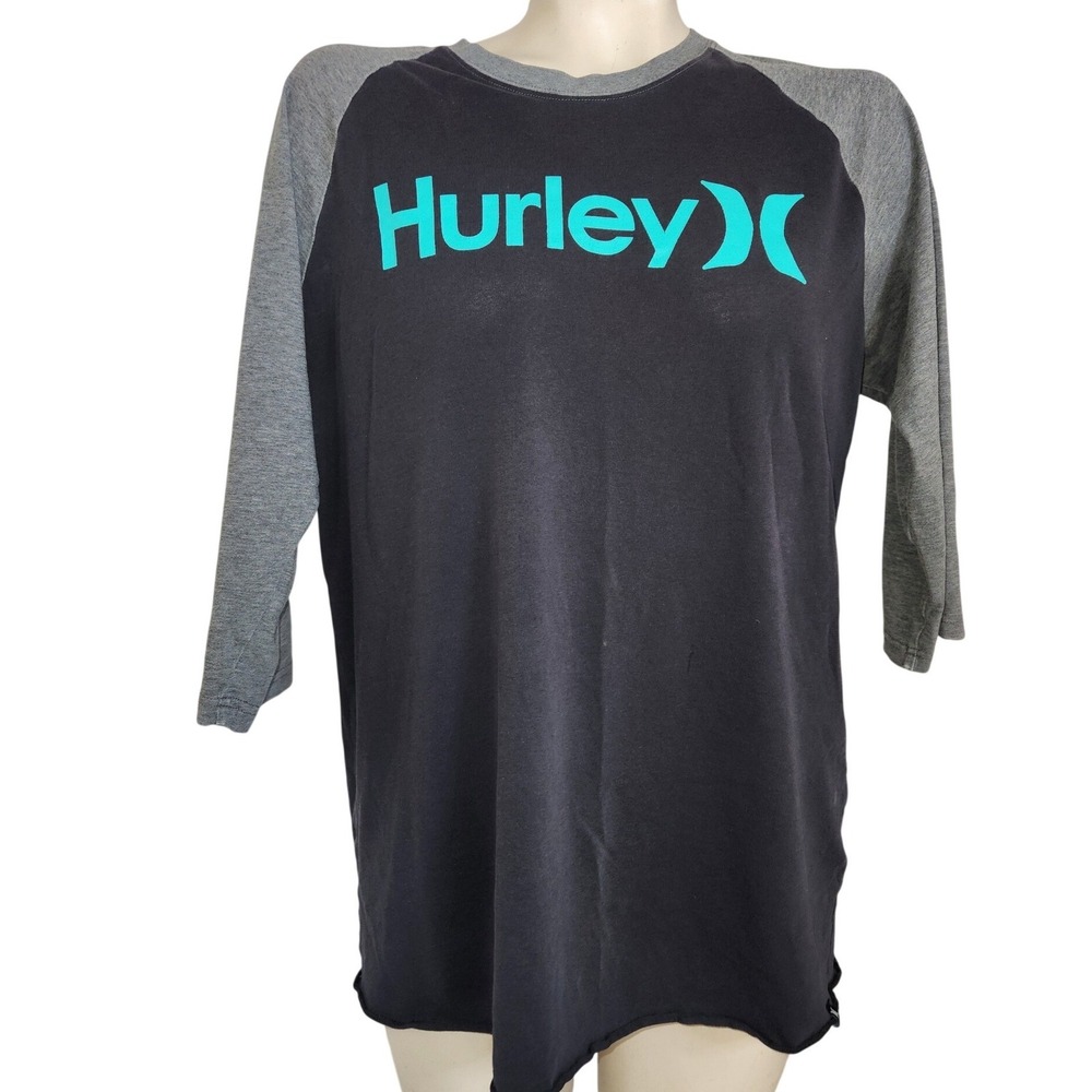 Hurley Mens Raglan 3/4 Sleeve T-Shirt Black Gray Teal Logo Size M outdoor casual
